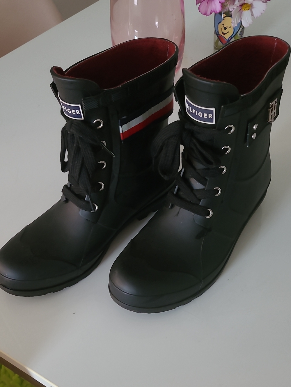 Tommy Hilfiger Black Rain & Snow Boots with Red Interior and Tricolor Stripe